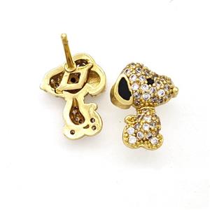 Copper Dog Stud Earrings Pave Zirconia Black Enamel Gold Plated, approx 9-12mm