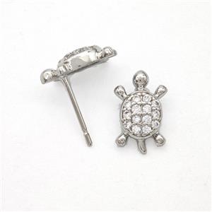 Copper Tortoise Stud Earrings Pave Zirconia Platinum Plated, approx 8-13mm