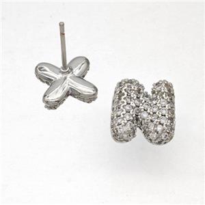 Copper Stud Earrings Pave Zirconia Letter-N Platinum Plated, approx 8-10mm