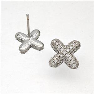 Copper Stud Earrings Pave Zirconia Letter-X Platinum Plated, approx 8-10mm