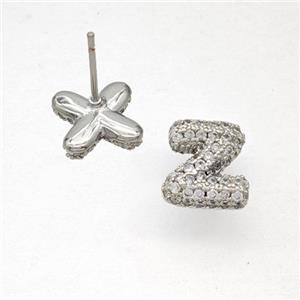 Copper Stud Earrings Pave Zirconia Letter-Z Platinum Plated, approx 8-10mm