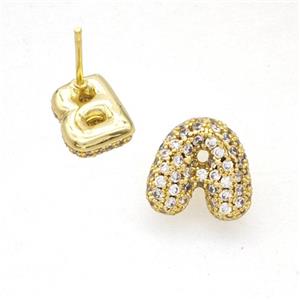 Copper Stud Earrings Pave Zirconia Letter-A Gold Plated, approx 8-10mm