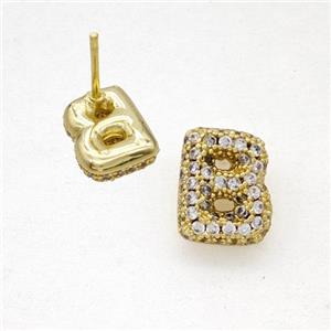 Copper Stud Earrings Pave Zirconia Letter-B Gold Plated, approx 8-10mm