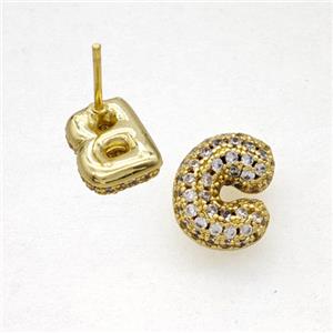 Copper Stud Earrings Pave Zirconia Letter-C Gold Plated, approx 8-10mm