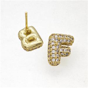 Copper Stud Earrings Pave Zirconia Letter-F Gold Plated, approx 8-10mm