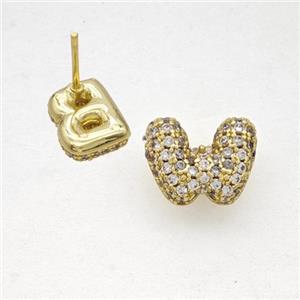 Copper Stud Earrings Pave Zirconia Letter-W Gold Plated, approx 8-10mm