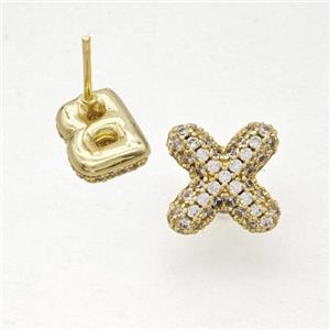 Copper Stud Earrings Pave Zirconia Letter-X Gold Plated, approx 8-10mm