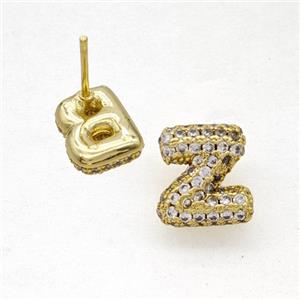 Copper Stud Earrings Pave Zirconia Letter-Z Gold Plated, approx 8-10mm