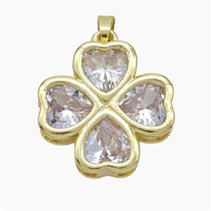 Copper Clover Pendant Pave Clear Crystal Glass Heart Gold Plated, approx 21mm