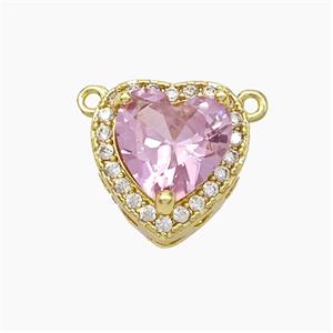 Copper Heart Pendant Micropave Zirconia Pink Crystal Glass 2loops Gold Plated, approx 14mm
