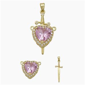 Copper Sword Heart Pendant Pave Zirconia Pink Crystal Glass Gold Plated, approx 14mm, 10-28mm