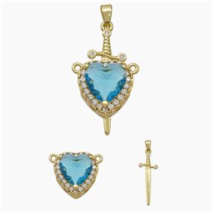 Copper Sword Heart Pendant Pave Zirconia Blue Crystal Glass Gold Plated, approx 14mm, 10-28mm