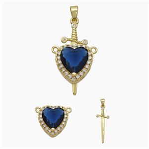 Copper Sword Heart Pendant Pave Zirconia Deepblue Crystal Glass Gold Plated, approx 14mm, 10-28mm