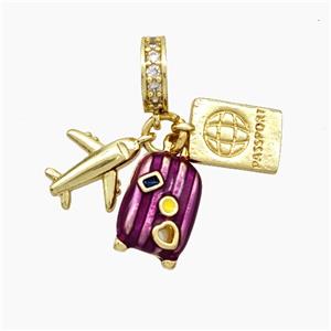 Copper Airplane Travel Box Passport Pendant Painted Gold Plated, approx 7-12mm, 8mm dia