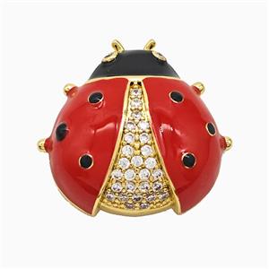 Copper Ladybug Pendant Pave Zirconia Red Enamel Gold Plated, approx 25mm