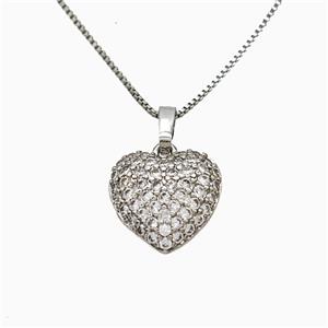 Copper Heart Necklace Pave Zirconia Platinum Plated, approx 14mm, 1mm, 46cm length