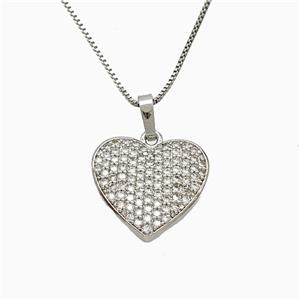 Copper Heart Necklace Pave Zirconia Platinum Plated, approx 17mm, 1mm, 46cm length