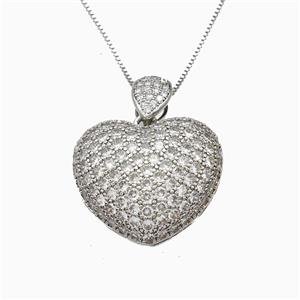 Copper Heart Necklace Pave Zirconia Platinum Plated, approx 25mm, 1mm, 46cm length