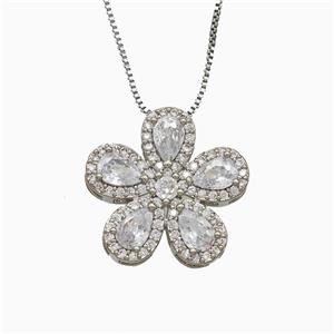 Copper Flower Neckace Pave Zirconia Crystal Glass Platinum Plated, approx 20mm, 1mm, 46cm length