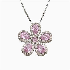 Copper Flower Neckace Pave Zirconia Crystal Glass Platinum Plated, approx 20mm, 1mm, 46cm length