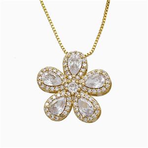 Copper Flower Neckace Pave Zirconia Crystal Glass Gold Plated, approx 20mm, 1mm, 46cm length