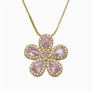 Copper Flower Neckace Pave Zirconia Crystal Glass Gold Plated, approx 20mm, 1mm, 46cm length