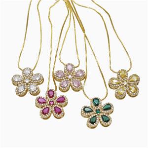 Copper Flower Neckace Pave Zirconia Crystal Glass Gold Plated Mixed, approx 20mm, 1mm, 46cm length
