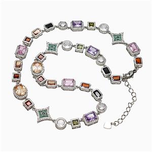 Copper Necklace Pave Multicolor Zirconia Platinum Plated, approx 7-16mm, 44-49cm length