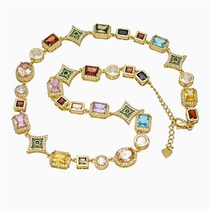 Copper Necklace Pave Multicolor Zirconia Gold Plated, approx 7-16mm, 44-49cm length