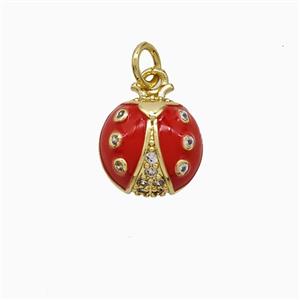 Copper Ladybug Pendant Pave Zirconia Red Enamel Gold Plated, approx 11.5mm