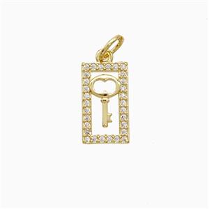 Copper Rectangle Key Pendant Pave Zirconia 18K Gold Plated, approx 7-13mm