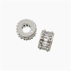 Copper Rondelle Beads Pave Zirconia Large Hole Platinum Plated, approx 5-9mm, 3.5mm hole