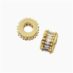 Copper Rondelle Beads Pave Zirconia Large Hole Gold Plated, approx 5-9mm, 3.5mm hole