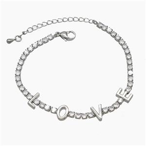 Copper LOVE Bracelets Pave Zirconia Platinum Plated, approx 5-8mm, 3mm, 18-23cm length