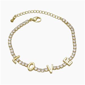 Copper LOVE Bracelets Pave Zirconia Gold Plated, approx 5-8mm, 3mm, 18-23cm length