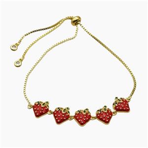 Copper Strawberry Bracelet Pave Zirconia Red Enamel Adjustable Gold Plated, approx 12-60mm, 27cm length