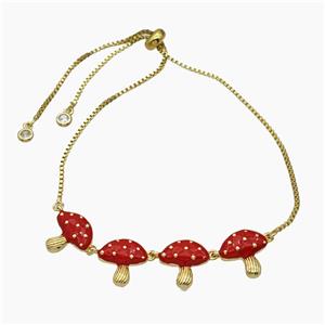 Copper Mushroom Bracelet Red Enamel Adjustable Gold Plated, approx 13-60mm, 27cm length