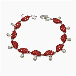 Copper Mushroom Bracelet Red Enamel Platinum Plated, approx 13mm, 19cm length