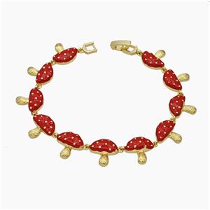 Copper Mushroom Bracelet Red Enamel Gold Plated, approx 13mm, 19cm length