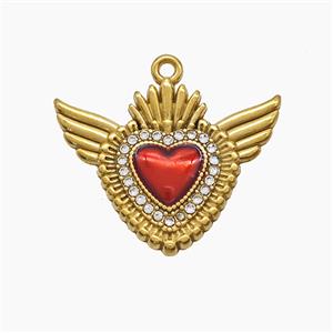 Stainless Steel Heart Pendant Pave Rhinestone Red Painted Angel Wings Gold Plated, approx 20-27mm
