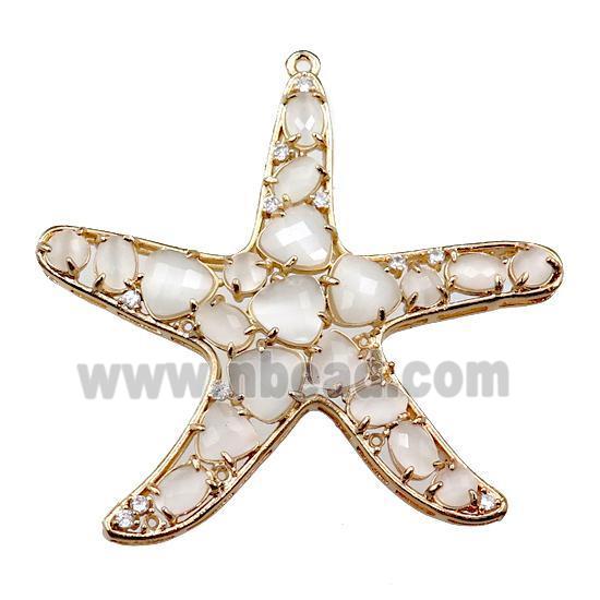 copper starfish pendant paved zircon with white crystal glass, hollow, gold plated