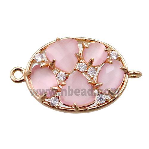 copper oval connector paved zircon with pink crystal glass, hollow, gold plated
