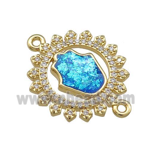Copper Circle Connector Pave Blue Fire Opal Zircon Hamsahand 18K Gold Plated