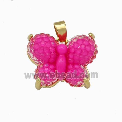 Hotpink Resin Butterfly Pendant Gold Plated