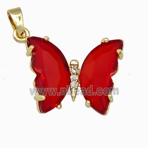 Red Chinese Crystal Glass Butterfly Pendant Gold Plated