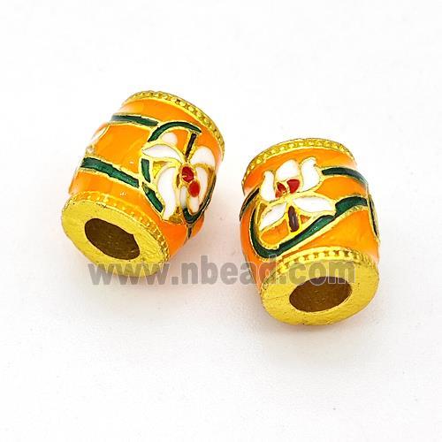 Copper Barrel Beads Multicolor Painted Flower Large Hole Gold Plated