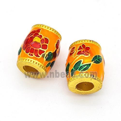 Copper Barrel Beads Multicolor Painted Flower Large Hole Gold Plated