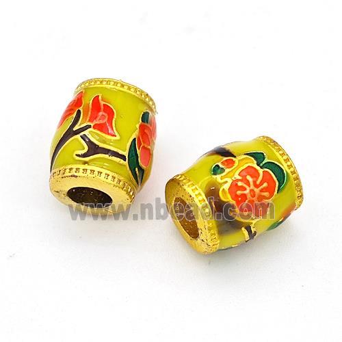 Copper Barrel Beads Multicolor Painted Flower Large Hole Gold Plated