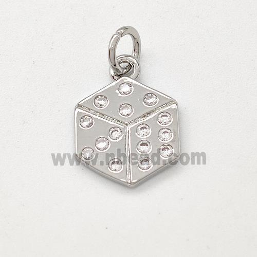 Copper Hexagon Pendant Micro Pave Zirconia Dice Platinum Plated