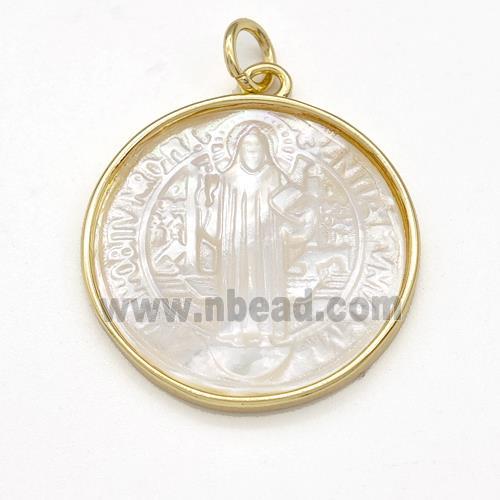 Jesus Charms Copper Circle Pendant Pave Shell Gold Plated